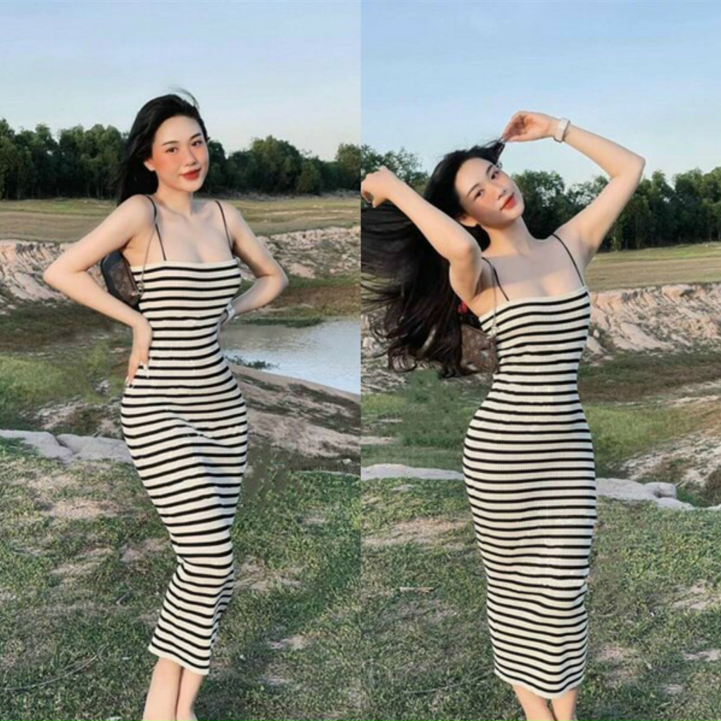 Đầm thun 2 dây dáng midi họa tiết kẻ dọc sexy quyến dũ phù hợp đi chơi, dạo phố, dạ hội [565]