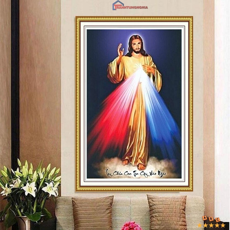 Tranh đính đá - tranh thêu chữ thập chúa giêsu lòng chúa thương xót