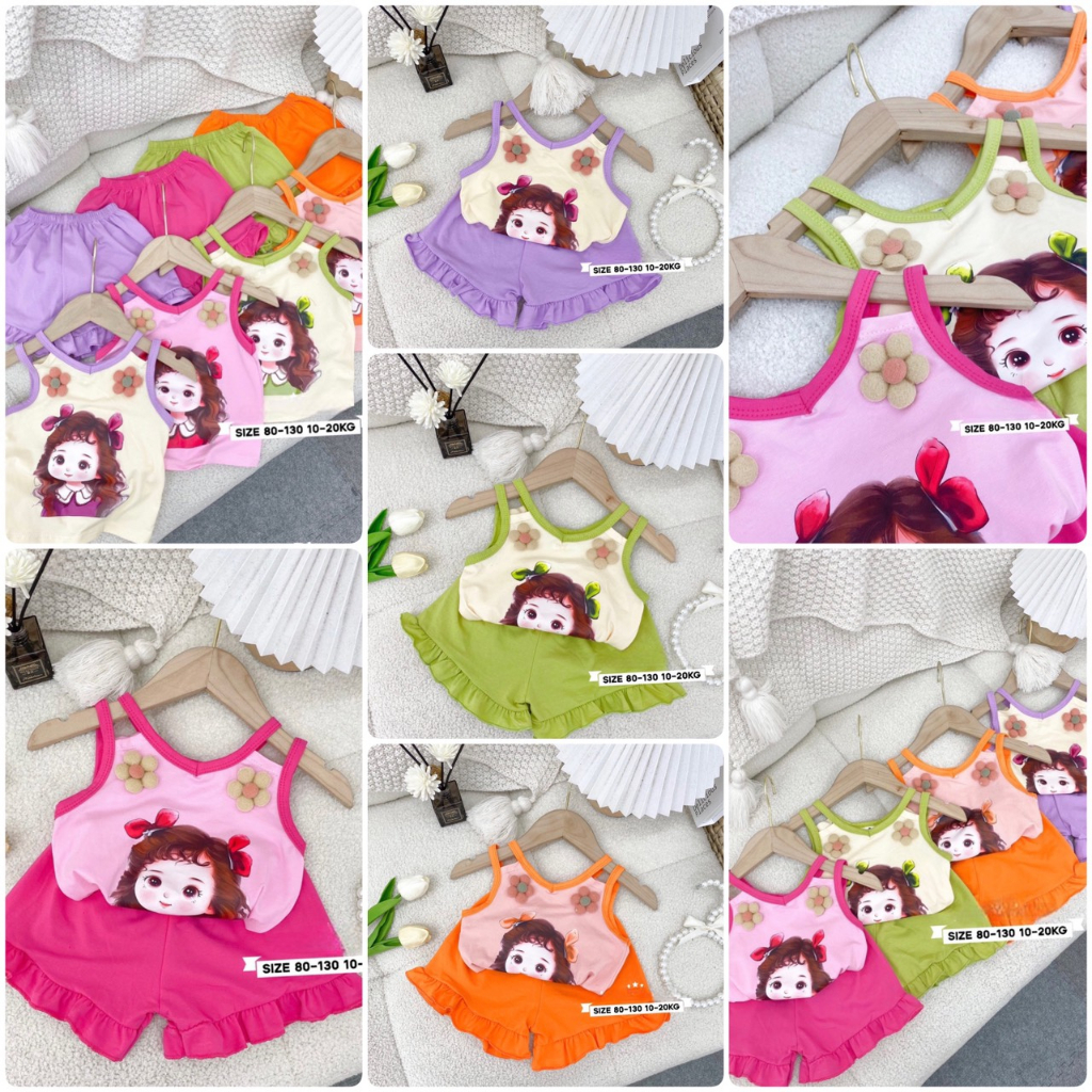 Đồ Bộ bé gái 2 dây đính hoa quần bèo siêu cute ._G02