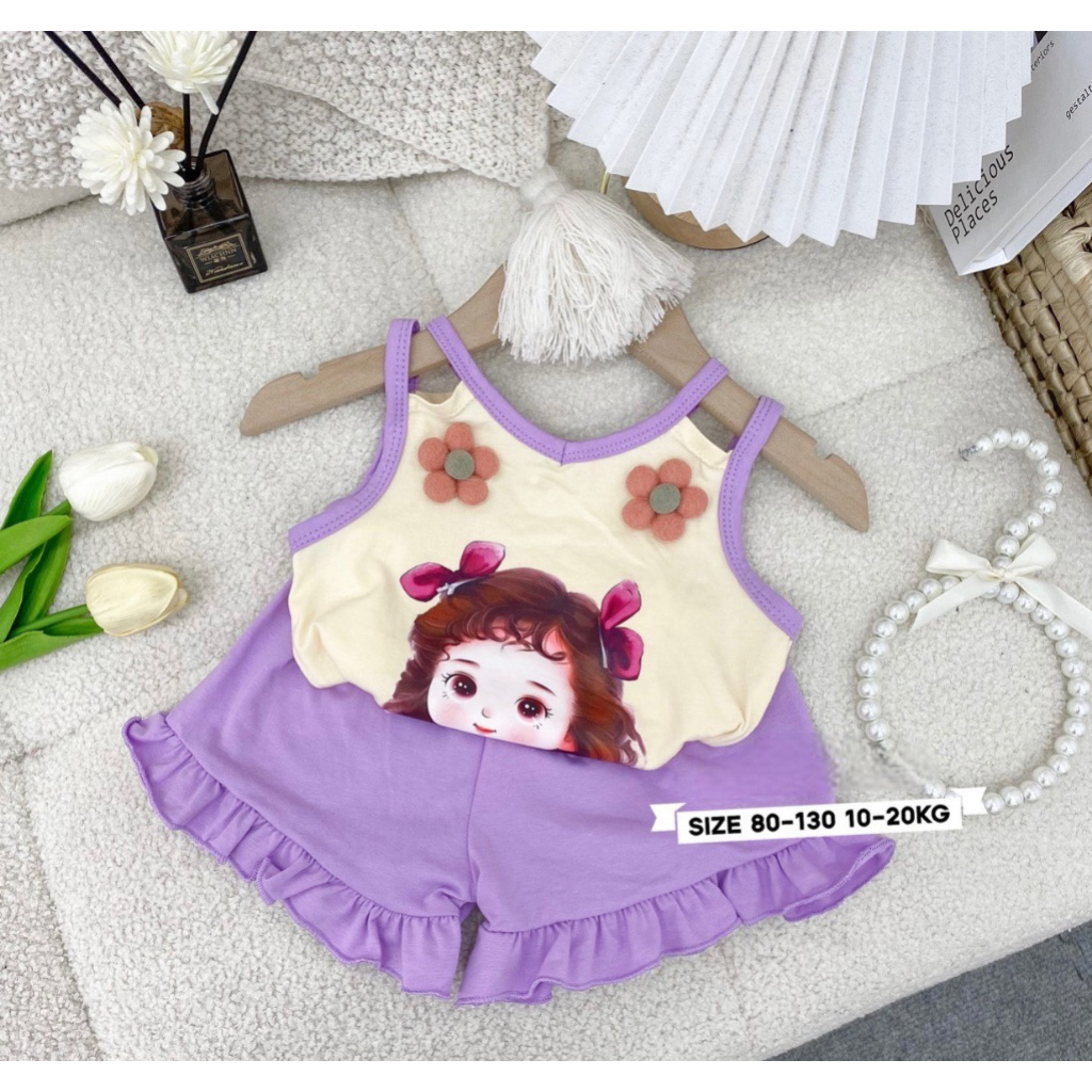 Đồ Bộ bé gái 2 dây đính hoa quần bèo siêu cute ._G02
