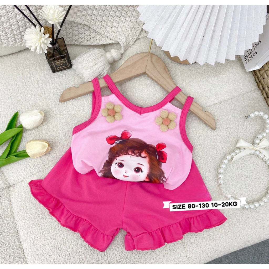 Đồ Bộ bé gái 2 dây đính hoa quần bèo siêu cute ._G02