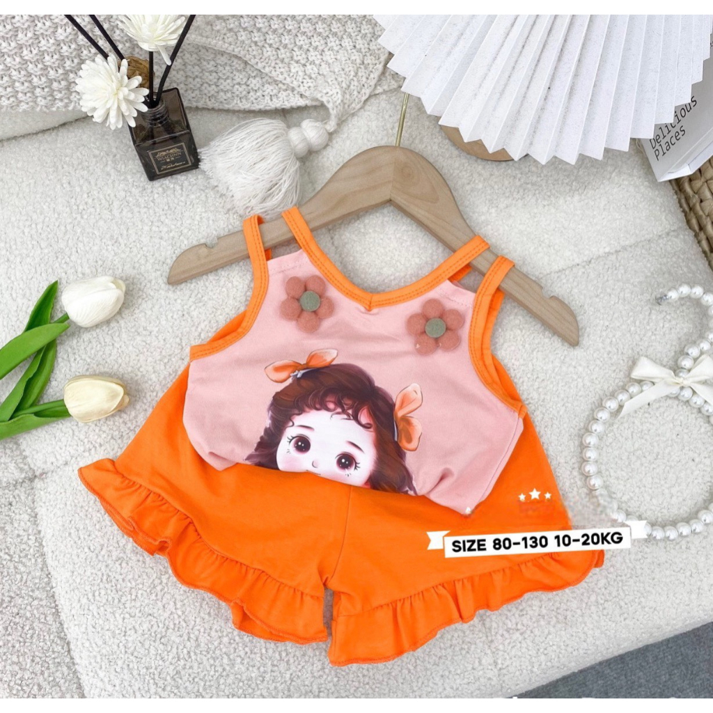 Đồ Bộ bé gái 2 dây đính hoa quần bèo siêu cute ._G02
