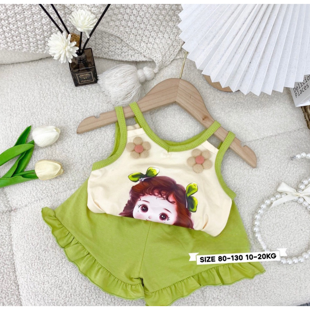 Đồ Bộ bé gái 2 dây đính hoa quần bèo siêu cute ._G02