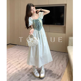 [Sẵn M] V185 Đầm váy dài phối jean thắt dây tiểu thư nhẹ nhàng mùa hè phong cách Pháp Retro Vintage Taobao mới 2023