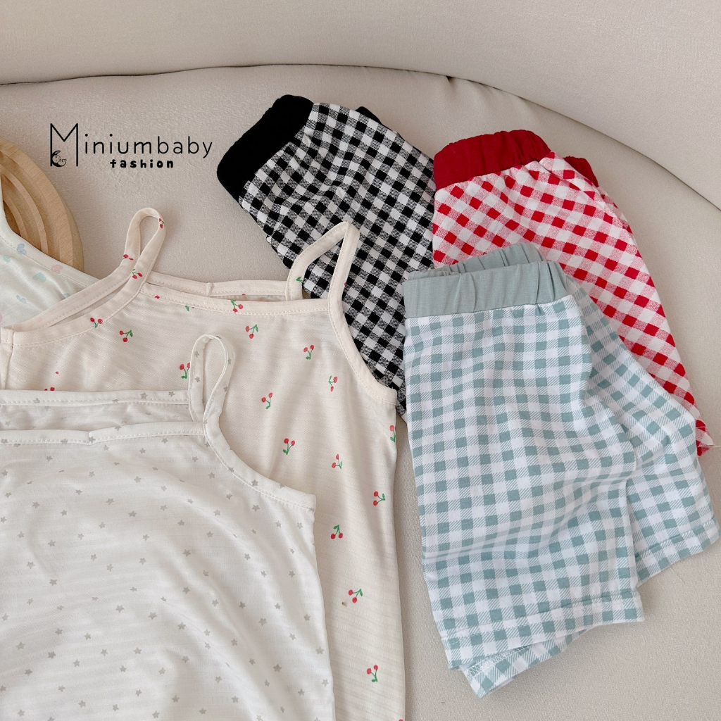 Set bộ 2 dây phối quần kẻ cho bé MiniumBaby, chất cotton 100% thoáng mát mặc mùa hè ở nhà, đi chơi-SB1516