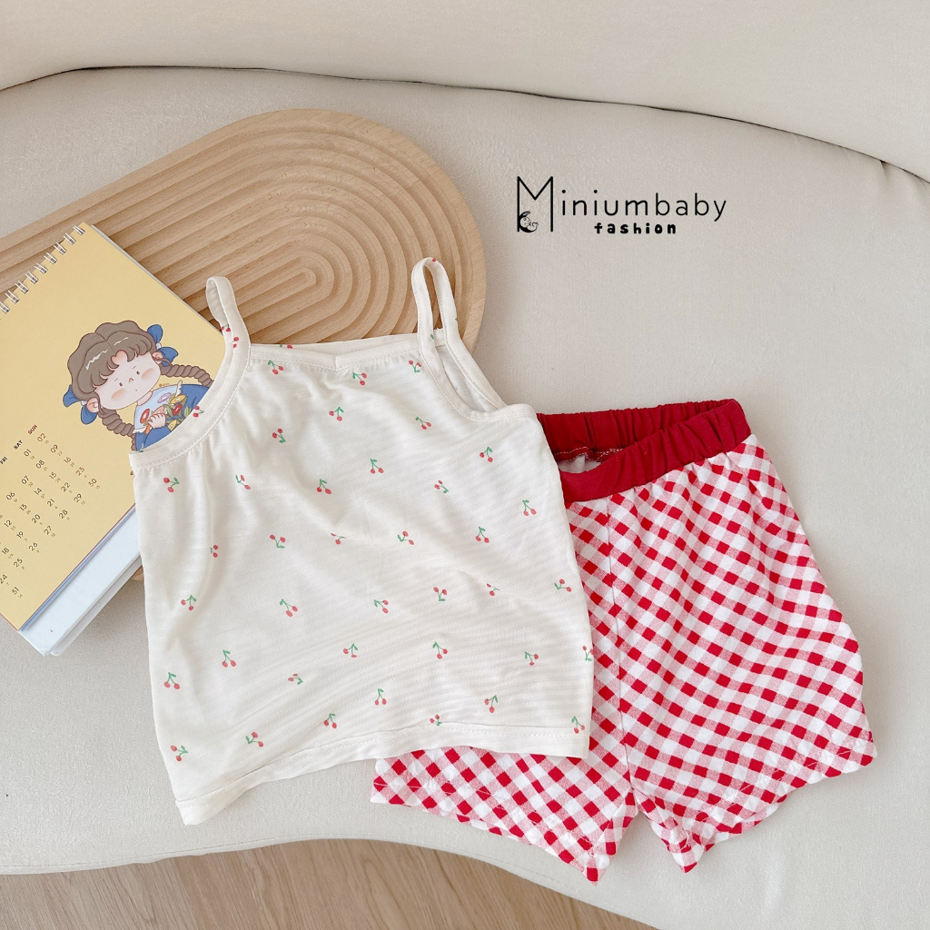 Set bộ 2 dây phối quần kẻ cho bé MiniumBaby, chất cotton 100% thoáng mát mặc mùa hè ở nhà, đi chơi-SB1516