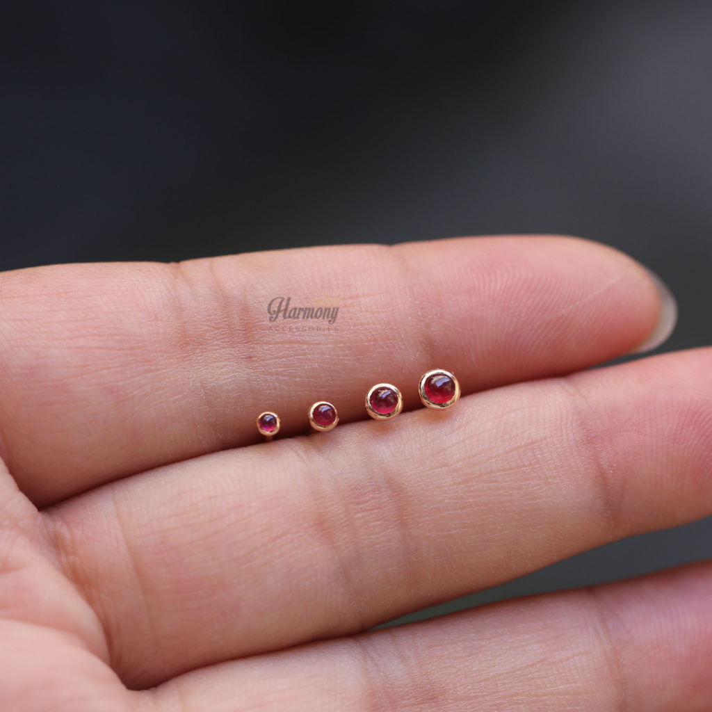 Khuyên tai tròn nữ bạc mặt đá đỏ nhiều size chốt bi vặn mạ vàng xinh xắn, sang chảnh | HARMONY ACCESSORIES K216