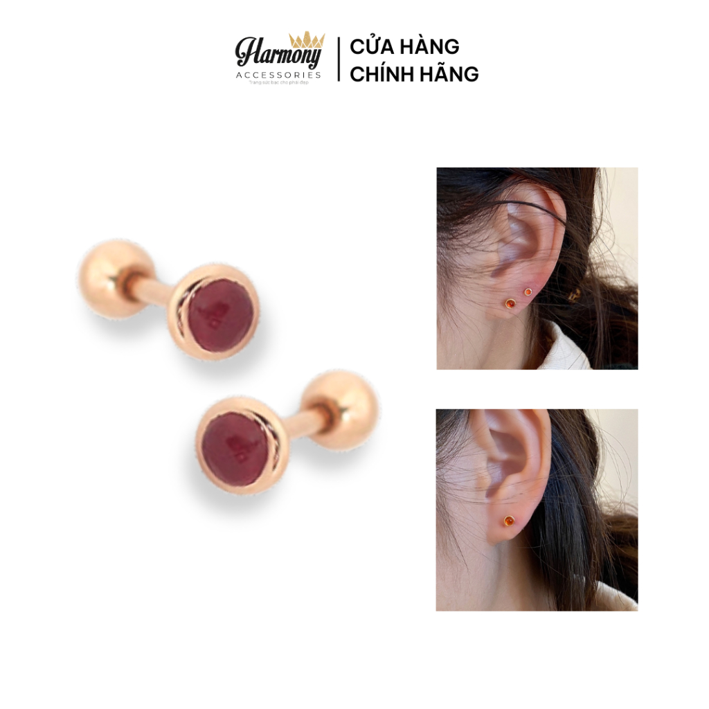 Khuyên tai tròn nữ bạc mặt đá đỏ nhiều size chốt bi vặn mạ vàng xinh xắn, sang chảnh | HARMONY ACCESSORIES K216