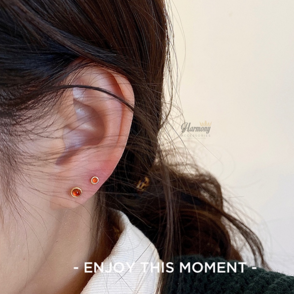 Khuyên tai tròn nữ bạc mặt đá đỏ nhiều size chốt bi vặn mạ vàng xinh xắn, sang chảnh | HARMONY ACCESSORIES K216