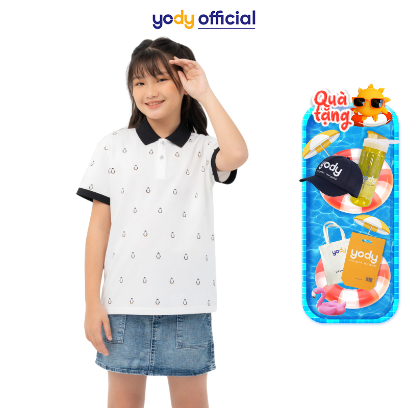 Áo polo trẻ em YODY chất liệu mắt chim in hình chim cánh cụt SIZE 8-14 - APK6112