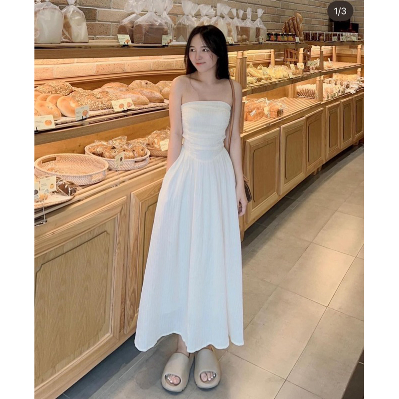 ĐẦM MIDI ỐNG TRẮNG XOÈ NHÚN NGỰC (về thêm xanh)
