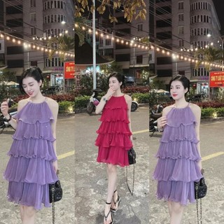 Váy Dập Ly Ms.9868 Váy Thiết Kế Cổ Yếm, Dáng Xòe Nhiều Tầng Chất Voan Hai Lớp, Kèm Hình Thật
