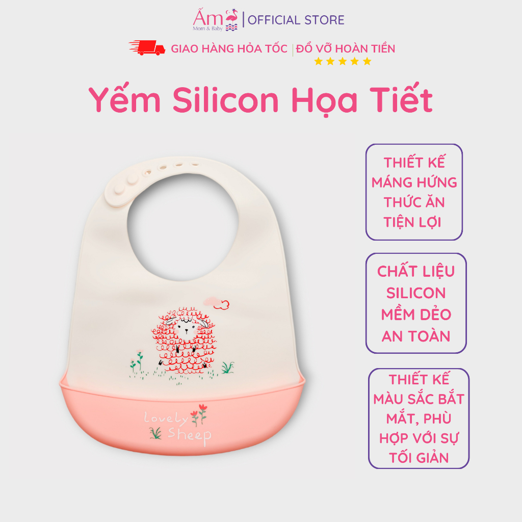 Yếm Ăn Dặm Silicon Ấm Baby Cho Bé Có Máng Không Bám Bẩn Mềm Nhẹ - Nhắn Shop Chọn Mẫu Các Mom Nhé Ấm Gift Decor