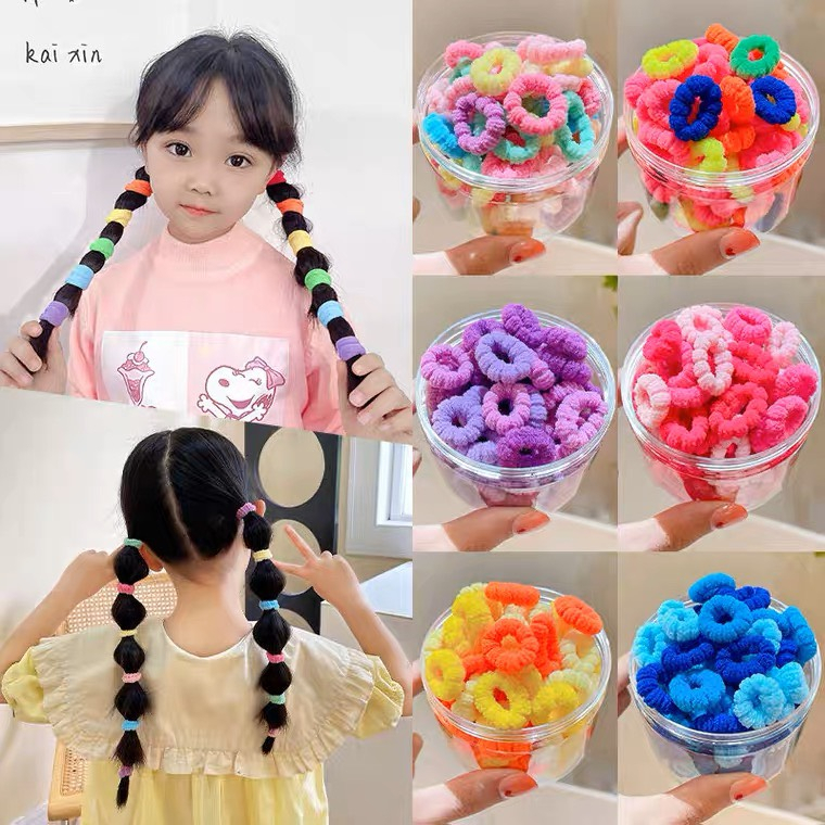 Hộp 100 dây buộc tóc chun xù size nhỏ nhiều màu dễ thương cho bé gái phong cách Hàn Quốc