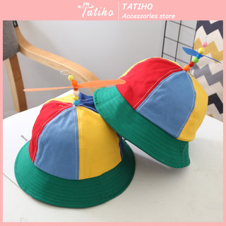 Mũ Bucket Trẻ Em, Nón Vành Ngắn Chất Vải Cotton Họa Tiết Trơn Phối Nhiều Màu Cầu Vồng Gắn Chong Chóng - Mã NV024