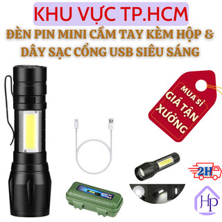 Đèn Pin Cầm Tay Mini Kèm Hộp Và Dây Sạc Cổng Usb Có 3 Chế Độ Sáng, Đèn Led Thu Phóng Ánh Sáng Đa Năng