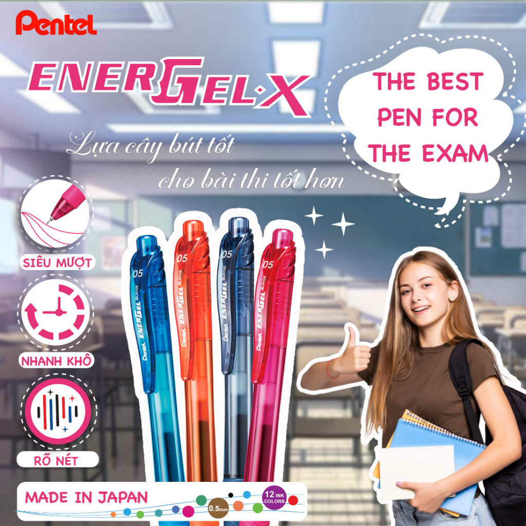 Bút bi gel bấm Pentel Energel BLN105 (0.5mm)/SIÊU NHANH KHÔ/TỐC KÝ