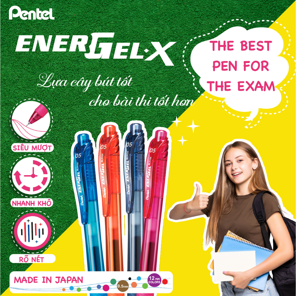 Bút bi gel bấm Pentel Energel BLN105 (0.5mm)/SIÊU NHANH KHÔ/TỐC KÝ