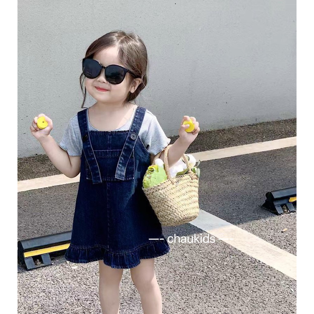 Set Yếm 2 Chi Tiết Cho Bé Gái, Yếm Jean Bé Gái, Set Yếm Bò Xanh Kèm Áo Trắng Cotton Cộc Tay cho Bé M029