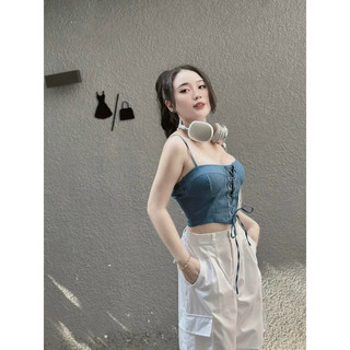 Áo jean hai dây croptop kiểu đan dây ngực khóa kéo sau lưng siêu sexy