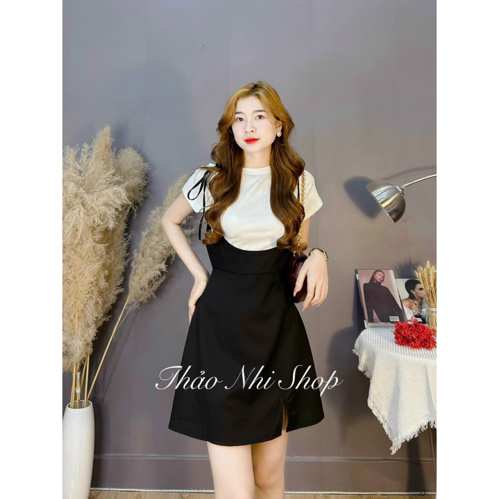 Set yếm jean sẻ tà mix áo thun cổ tròn, yếm váy nữ hai dây cột nơ áo borip mềm