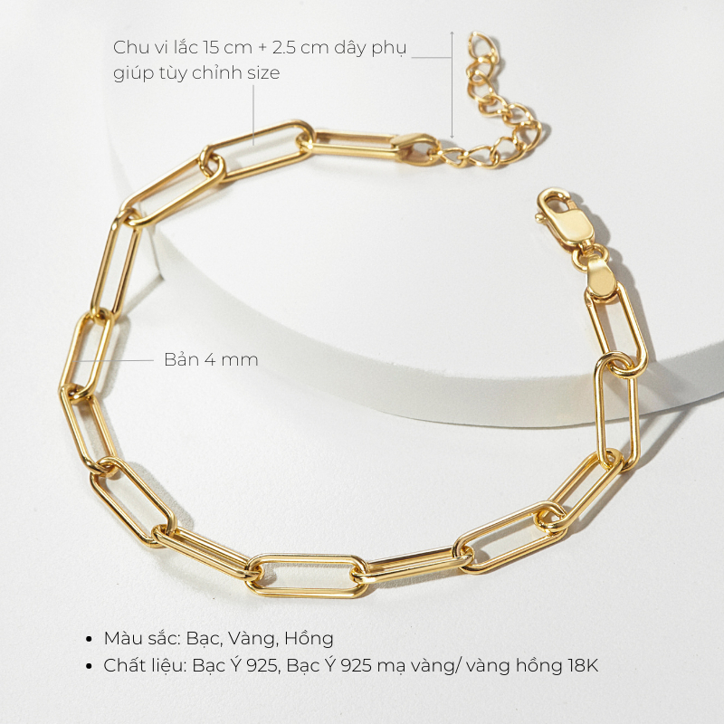 Lắc Tay Bạc Nữ CARA LUNA Dây Xích Chữ Nhật Trơn Paperclip - VCB04