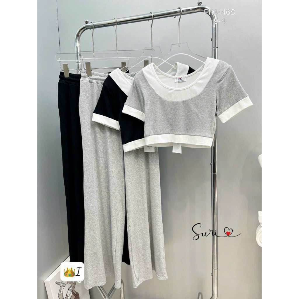 Set bộ thun nữ áo croptop mix cùng quần ống suông dáng dài siêu hack dáng cho mấy chị em diejn đi chơi đi dạo phố
