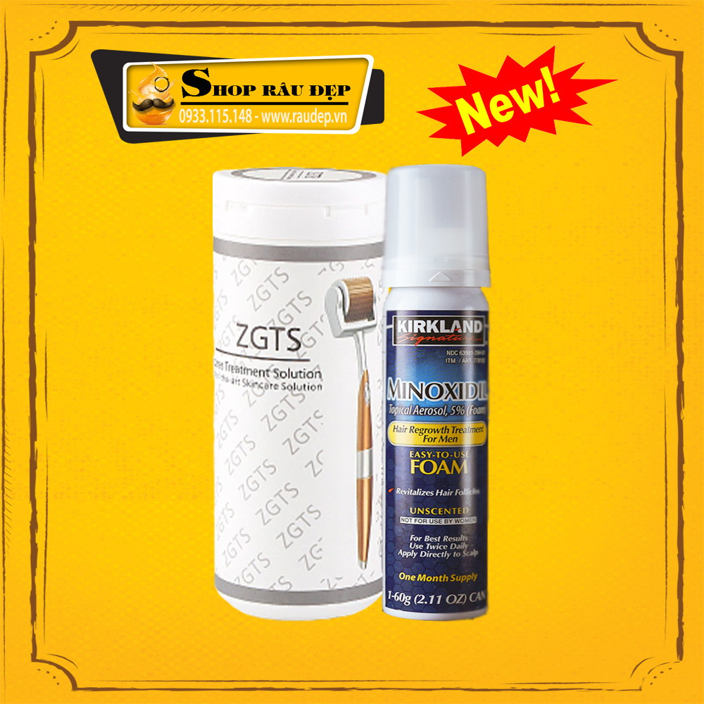 Combo - Hỗ Trợ Mọc Râu Tóc Hói Nhanh Minoxidil 5% Foam + Lăn Kim 0,5mm