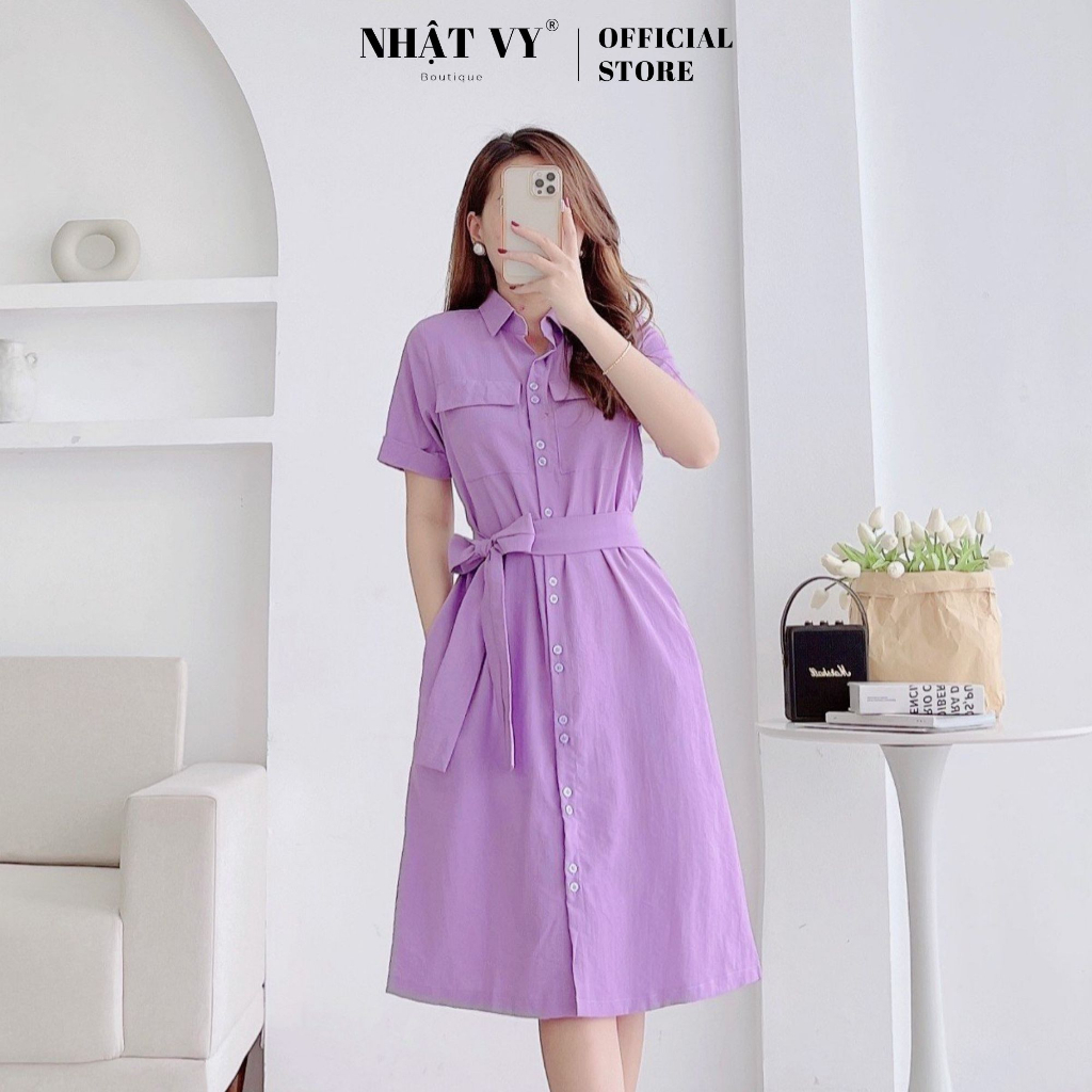 Đầm sơ mi Nhật Vy tay ngắn cài cúc đôi có túi ngực phối dây thắt nơ dáng suông chất thun xướt phù hợp đi chơi - D2764