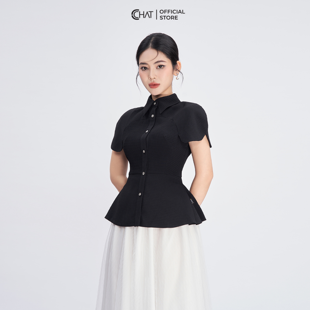 Áo Sơ Mi Nữ Kiểu Vai Tròn Cắt Ngực Chất Xốp Cao Cấp Mềm Mịn 53FNX2007PT