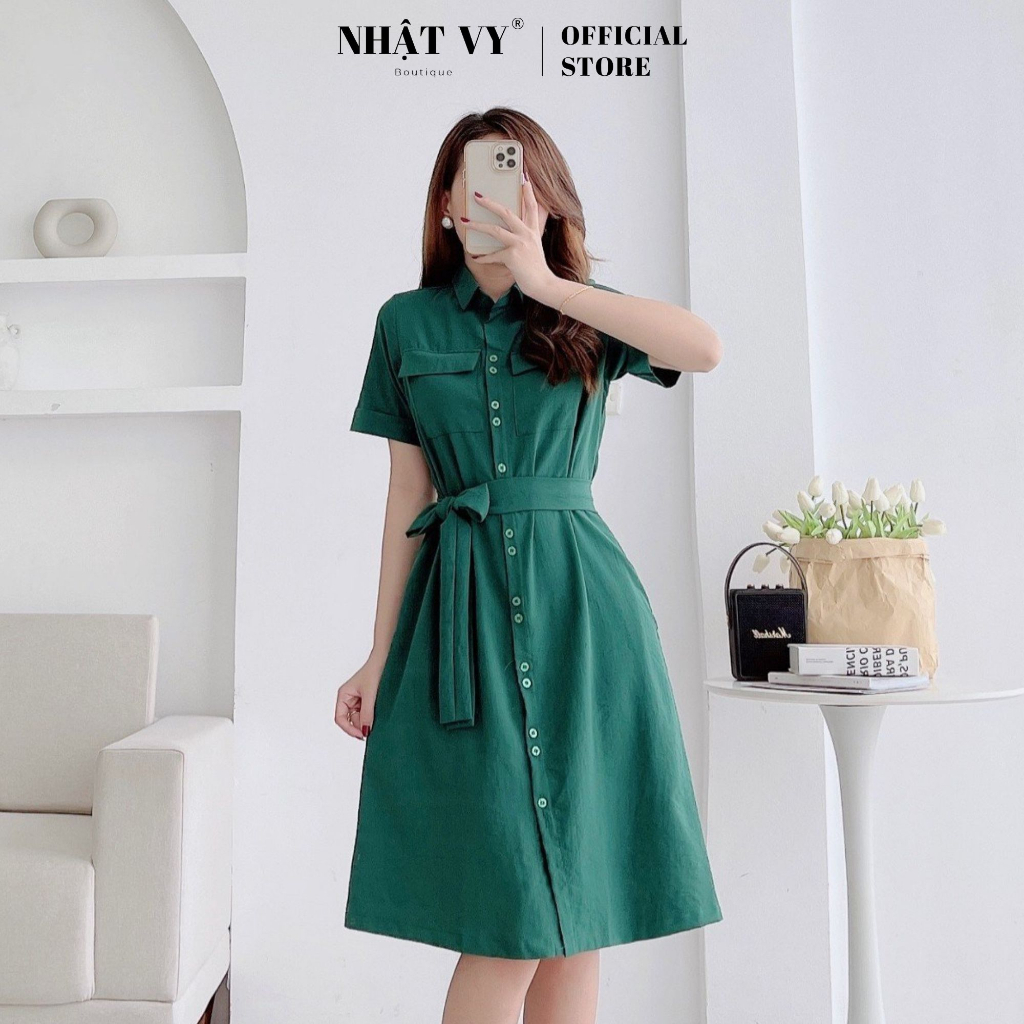 Đầm sơ mi Nhật Vy tay ngắn cài cúc đôi có túi ngực phối dây thắt nơ dáng suông chất thun xướt phù hợp đi chơi - D2764