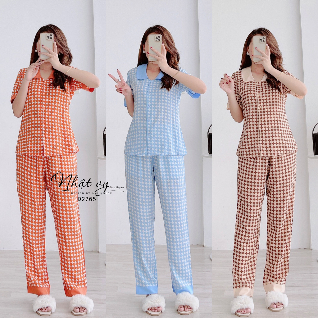 Set bộ mặc nhà nữ Nhật Vy cổ sen họa tiết quần dài phối cổ chất mango xinh xắn thoải mái - D2765