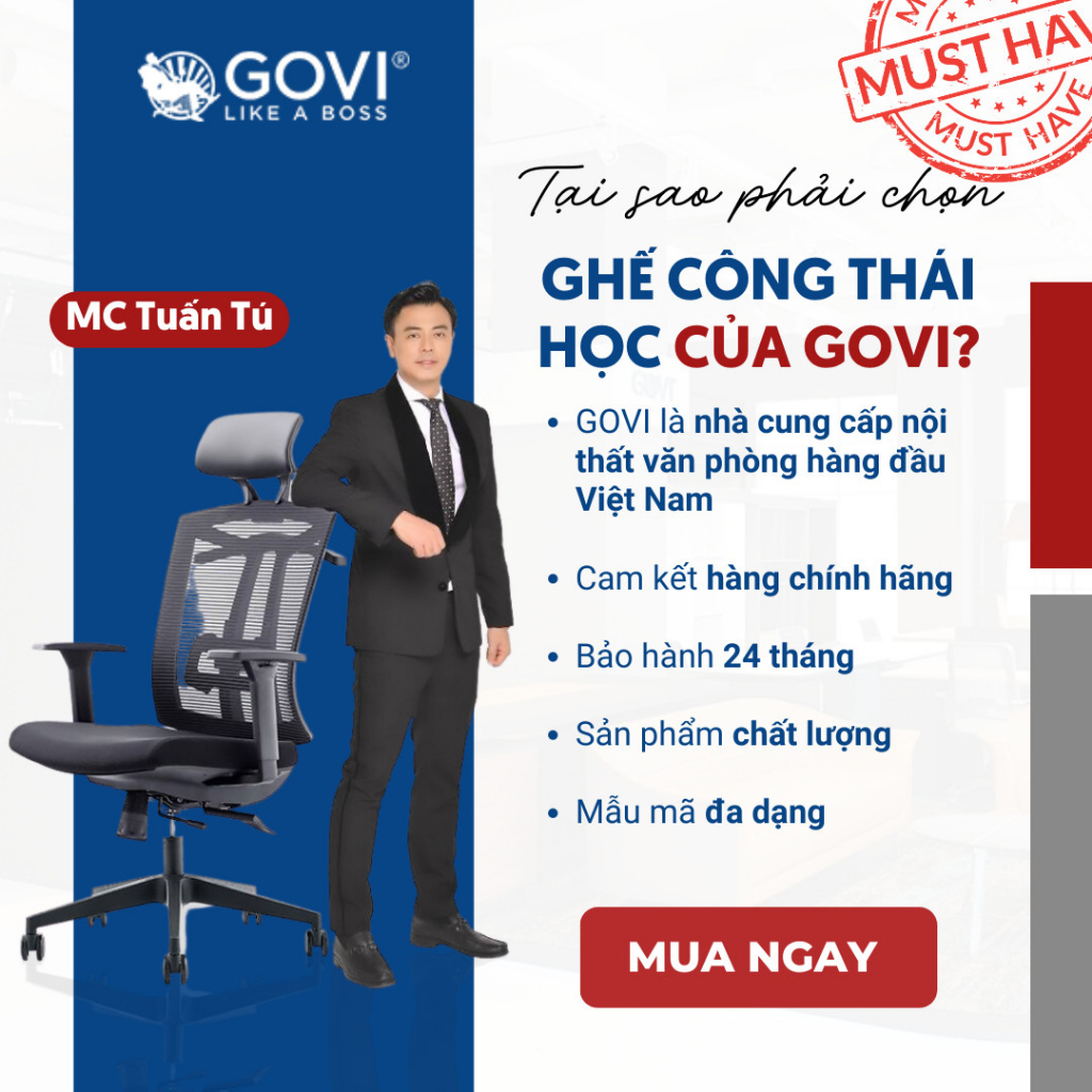 Ghế công thái học Ergonomic GOVI Como C608A - Tay ghế 3D, lưng ghế bằng vải lớp 2 lớp, có thể chỉnh ngả 90-135 độ