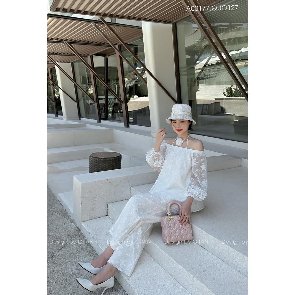 Set đi biển nữ 2 món resort áo hoa trễ vai tay bồng phối quần dài suông tơ hoa ép -  AO0177 QU0127