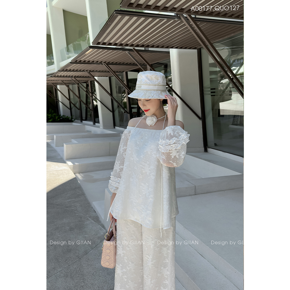 Set đi biển nữ 2 món resort áo hoa trễ vai tay bồng phối quần dài suông tơ hoa ép -  AO0177 QU0127