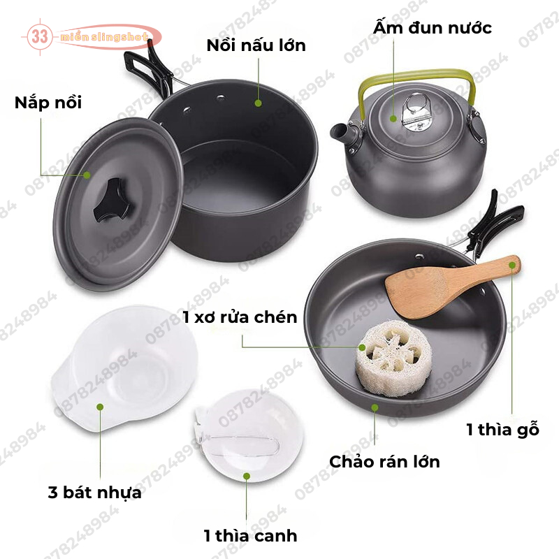 Bộ nồi nấu ăn dã ngoại 9 món có ấm nước, nồi-chảo dã ngoại, chất liệu hợp kim nhôm cao cấp, nhỏ gọn nhẹ tiện dụng-DCP23