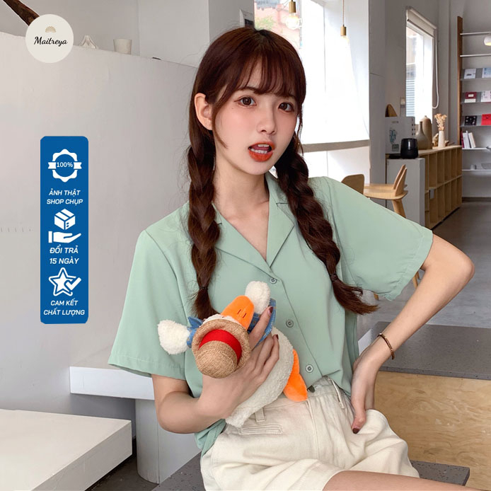Áo Sơ Mi Nữ Cổ Vest Form Rộng Cộc Tay Trẻ Trung Thanh Lịch MAITREYA M03