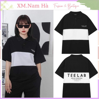 Áo thun cổ bẻ phối màu đen trắng chữ T.E.E.L.A.B,áo polo cổ bẻ nữ nam chất cá sấu co giãn mềm mịn.
