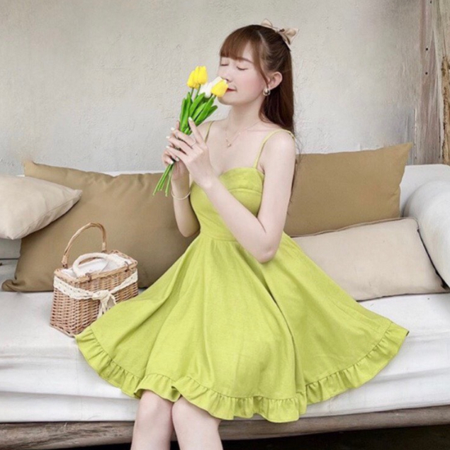 Đầm váy hai dây dáng xòe tone màu xanh bơ thời trang hot hot thời trang xinh xắn dành cho các nàng đi chơi, du lịch
