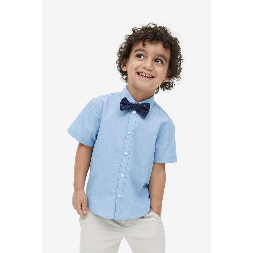 Áo sơ mi tay ngắn cotton kèm nơ bé trai HM Authentic