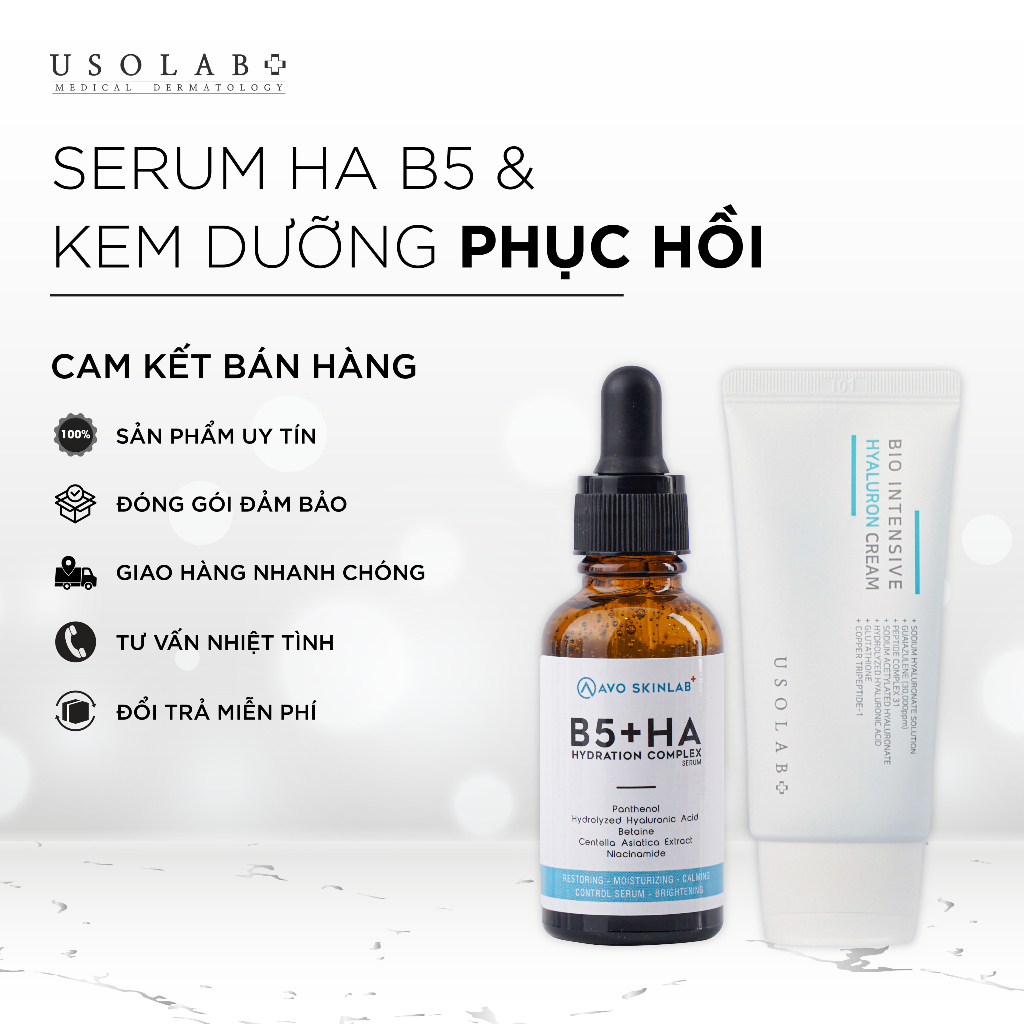 Bộ đôi phục hồi da, cấp nước và làm dịu da USOLAB Serum HA B5 30ml + Kem dưỡng Hyaluron Cream 50ml