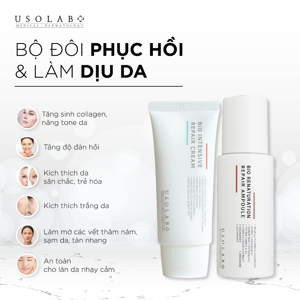 Bộ đôi phục hồi, tái tạo da và làm dịu da USOLAB Serum Repair Ampoule 50ml & Kem dưỡng Repair 50ml