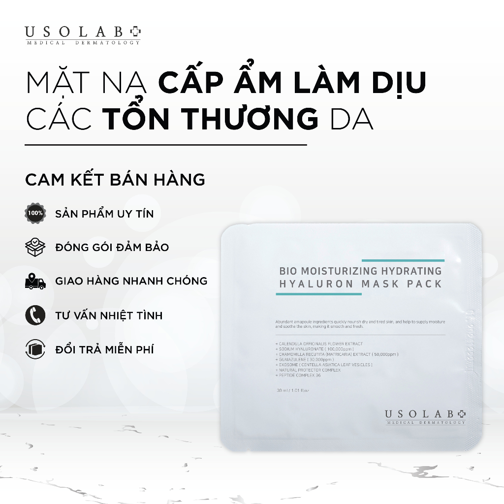 Mặt nạ cấp ẩm Hyaluronic USOLAB làm dịu các tổn thương da hộp 10 miếng 30ml