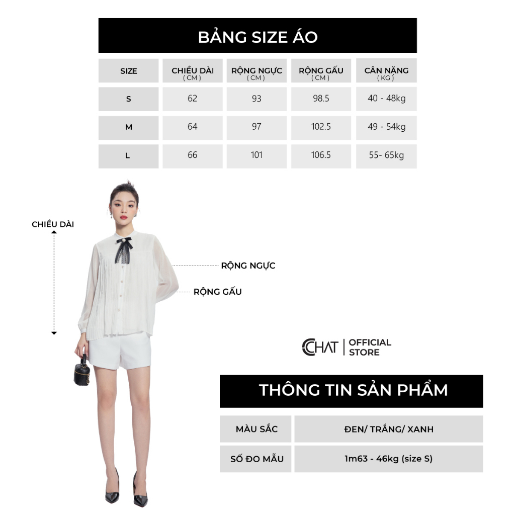 Áo Sơ Mi Nữ 𝐂𝐂𝐇𝐀𝐓 Dập Ly Thân Tay MS Phối Nơ Cổ Chất Voan Cao Cấp 53FDV2011ST