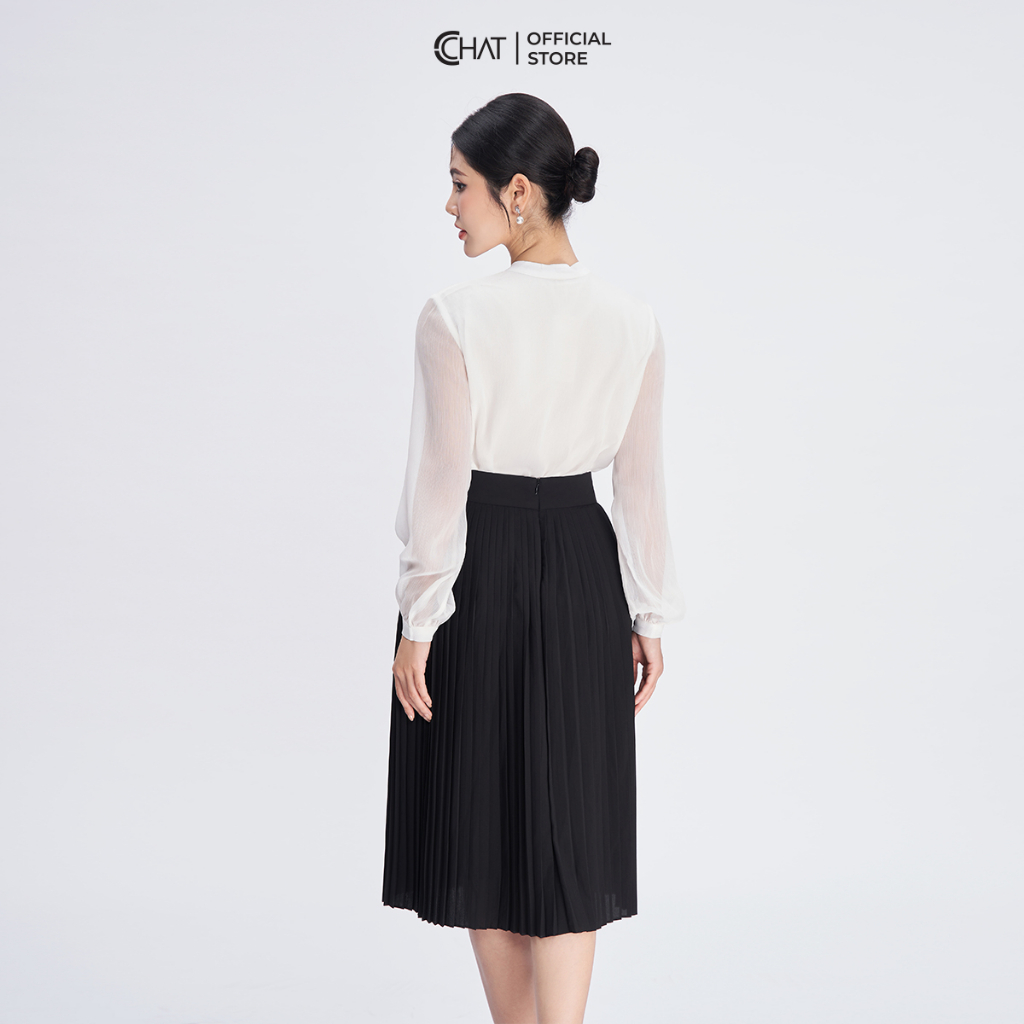 Áo Sơ Mi Nữ 𝐂𝐂𝐇𝐀𝐓 Dập Ly Thân Tay MS Phối Nơ Cổ Chất Voan Cao Cấp 53FDV2011ST