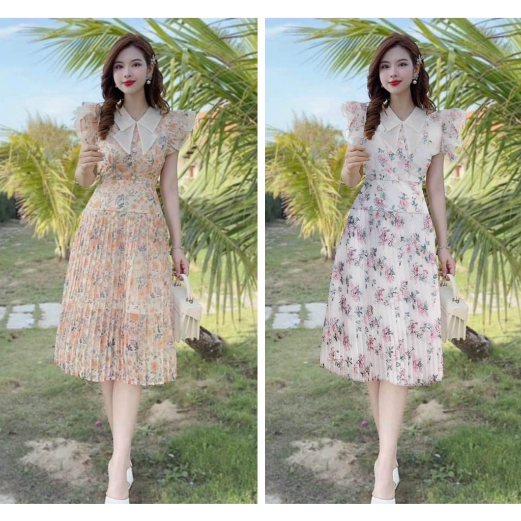 Váy đầm voan hoa nữ dáng xòe dập ly phối tay cánh tiên, đầm nữ dáng dài tay ngắn cổ bèo siêu xinh dự tiệc đi làm T778