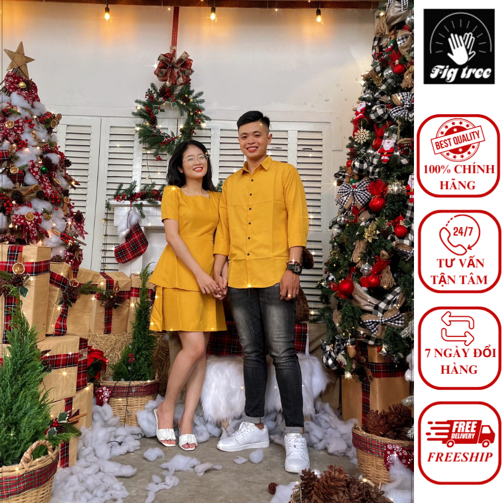Set Sơ Mi Váy đôi màu Vàng ( nam sơ mi tay dài - nữ váy tầng ) siêu hot kèm feedback