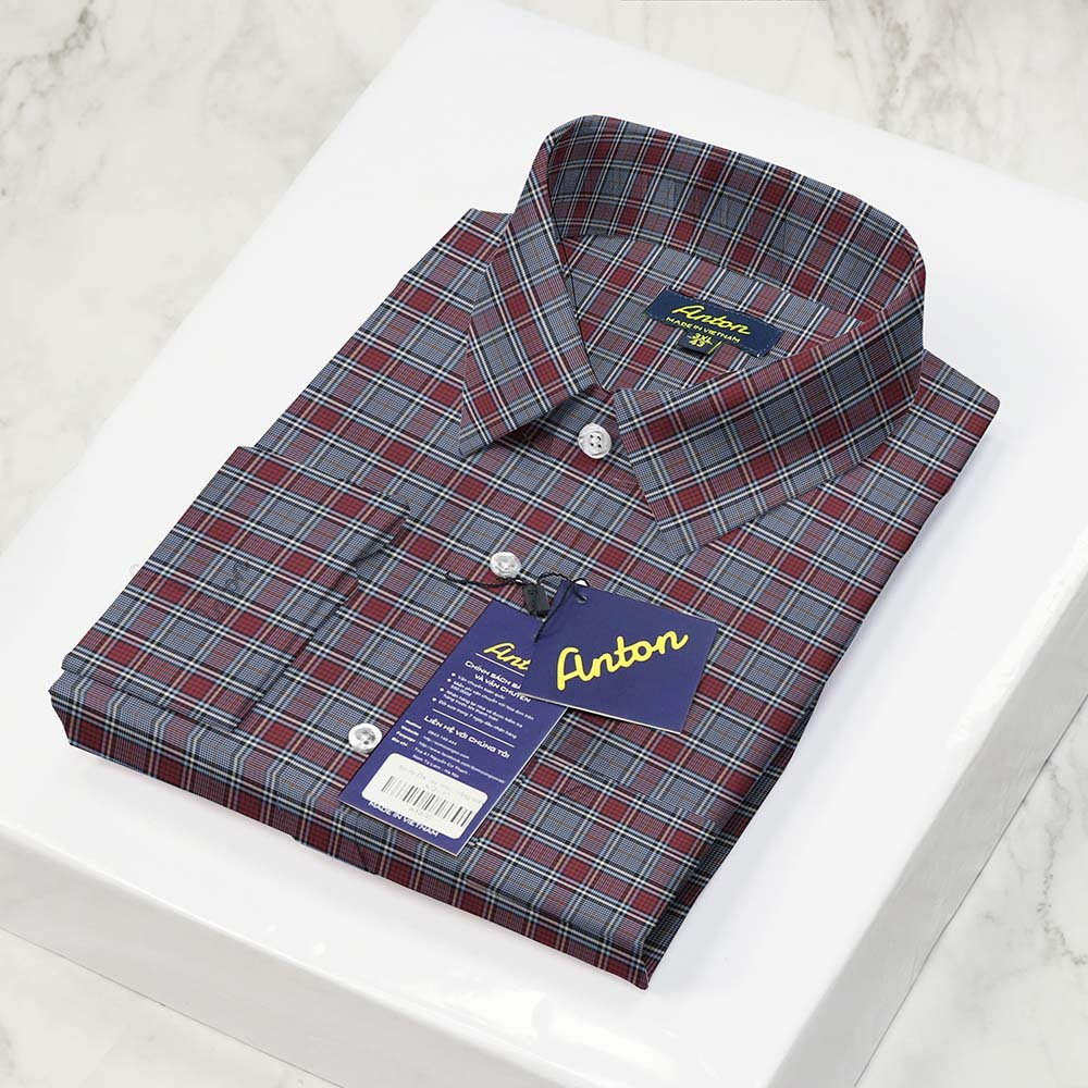 Áo Sơ Mi Nam Sọc Caro Dài Tay Công Sở Cao Cấp Thương Hiệu Anton Họa Tiết Kẻ Sọc Đỏ Vải Cotton Vạt Bầu - AC32