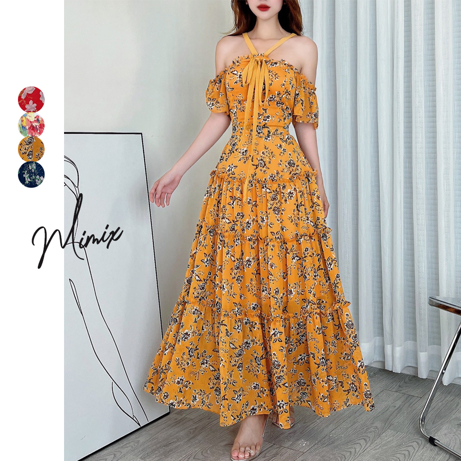 Đầm maxi hoa tay rớt cổ yếm MIMIX CB7230