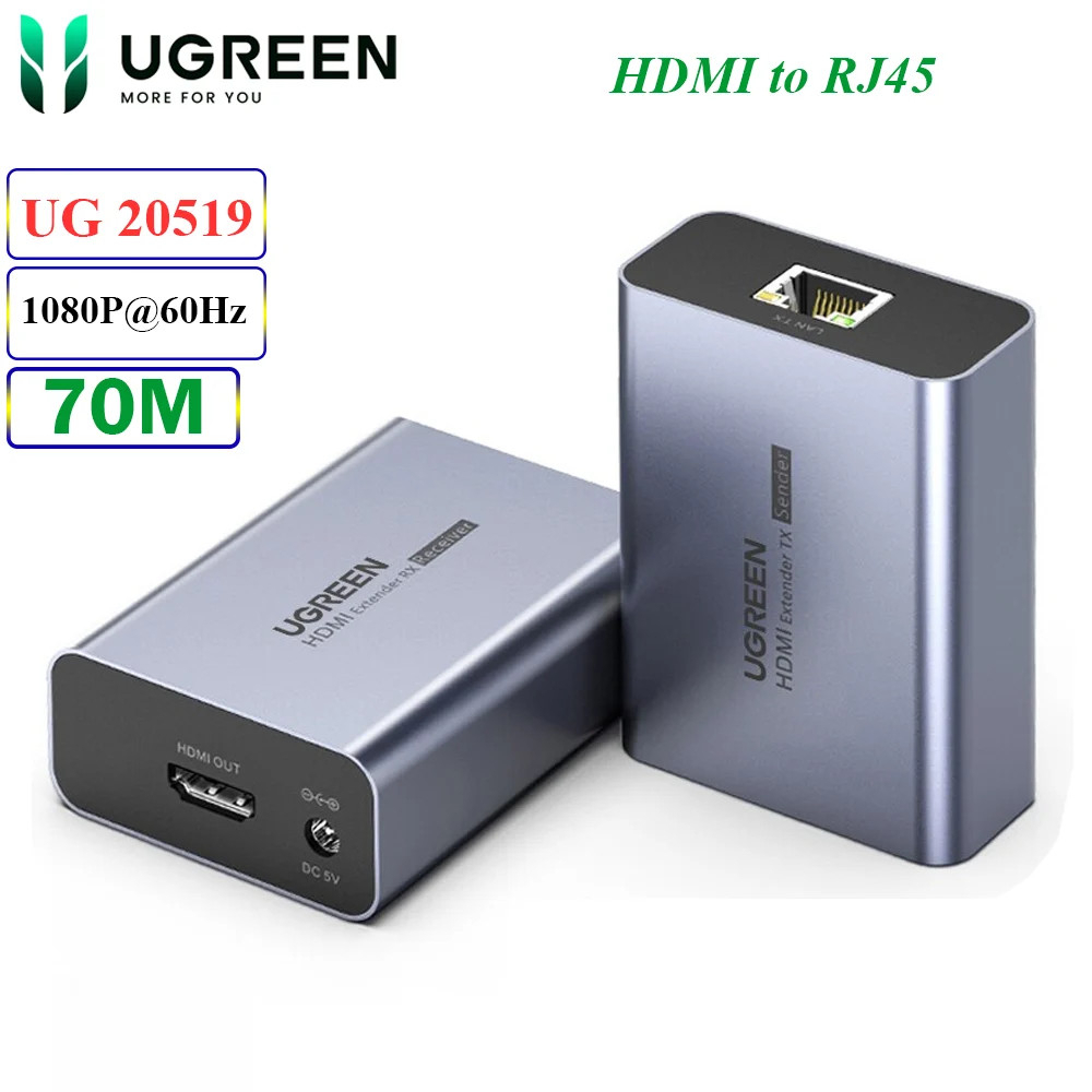 Bộ kéo dài HDMI qua dây mạng Cat5/Cat6 70Met Ugreen 20519 CM445 ( Bộ 2 cái+Adapter ) Chính Hãng